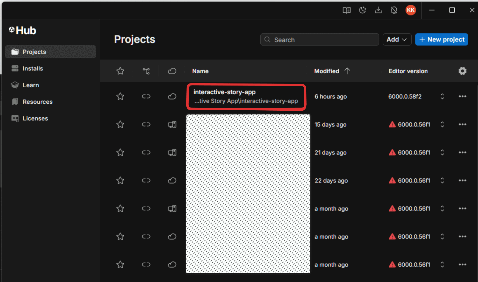 Unity Hub Projects Tab